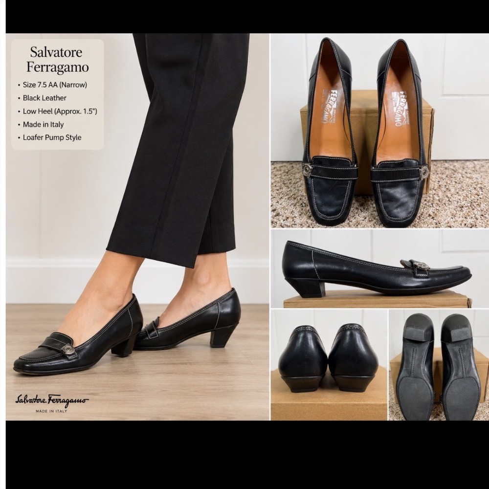 Salvatore Ferragamo Womens Black Leather Loafer Pumps Low Heel DP59326 7.5 AA